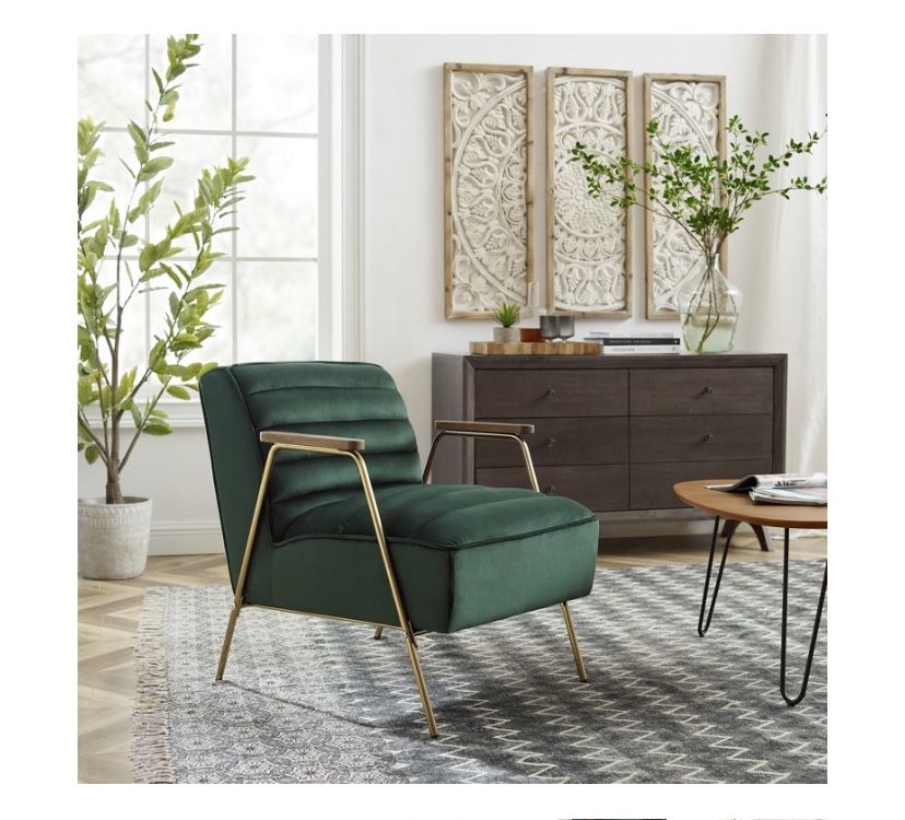 Art Leon Modern Velvet Arm Small Accent Chair with Gold Plated Legs,Dark Green