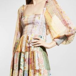 Alice + Olivia Rowen Puff Sleeve Tiered Skirt Tunic Chiffon Mini Dress