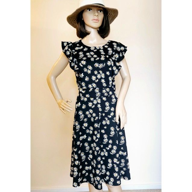 YATHON Daisy Summer Dress Ruffle Sleeves Black Swing A Line Dress L