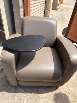 Gray Leather Lounge Chair with Tablet Arm