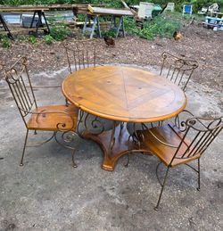 Vintage wood and wrought iron dinning table with 4 chairs
