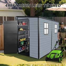 4x8ft Outdoor Resin Garden Shed with Floor and 2 Windows, Plastic Patio Outdoor Storage Shed with Lockable Door for Garden Tools, Bicycles, Trash Cans