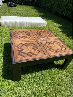 Geometric Parquet Wood Inlay Coffee Table — Statement Wooden Piece
