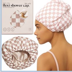 Kitsch Luxury Shower Caps for Women Reusable Waterproof - Flexi Satin Lined, Large Wide Shower Cap for Women & Men