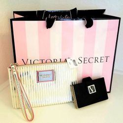 Victoria's Secret Gold Wristlet Purse Pouch and VS Black Card Holder Wallet Lot NWT