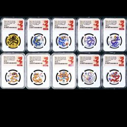 2024 LUNAR YEAR OF THE DRAGON SILVER 10-coin-set 10x 1/2oz All Colors NGC MS70