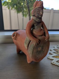 Vintage Mexican Folk Art Clay "Seated Drummer" Effigy Vessel