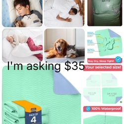 Utopia Bedding Waterproof Incontinence Bed Pads 34 x 52 Inches (Pack of 4, Geen/Blue), Washable and Reusable Underpads for Adults, Elderly and Pets, A