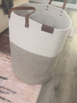 Large Woven Rope Laundry Hamper / Blanket Basket – Leather Handles