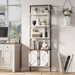 Farmhouse Bookshelf with Storage,71" Tall Industrial Bookcase with Shelves and Cabinet,5 Tier,Wall Mounted Ladder Shelf with Display Rack for Bedroom,