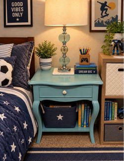 Cyan side table with matching table lamp