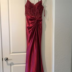 Ladivine by Cinderella Divine Red Satin Sequin Embroidered Mesh Formal Gown XS
