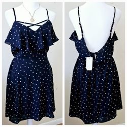Size Medium Row A Nordstrom Rack Blue Spaghetti Strap Dress with White & Pink Polka Dot Design amd Cross Strap Bodice. 100% Polyester. 

New with tags