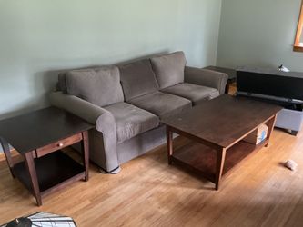Gray 3-Seat Upholstered Sofa, Coffee Table, 2 end tables and recliner