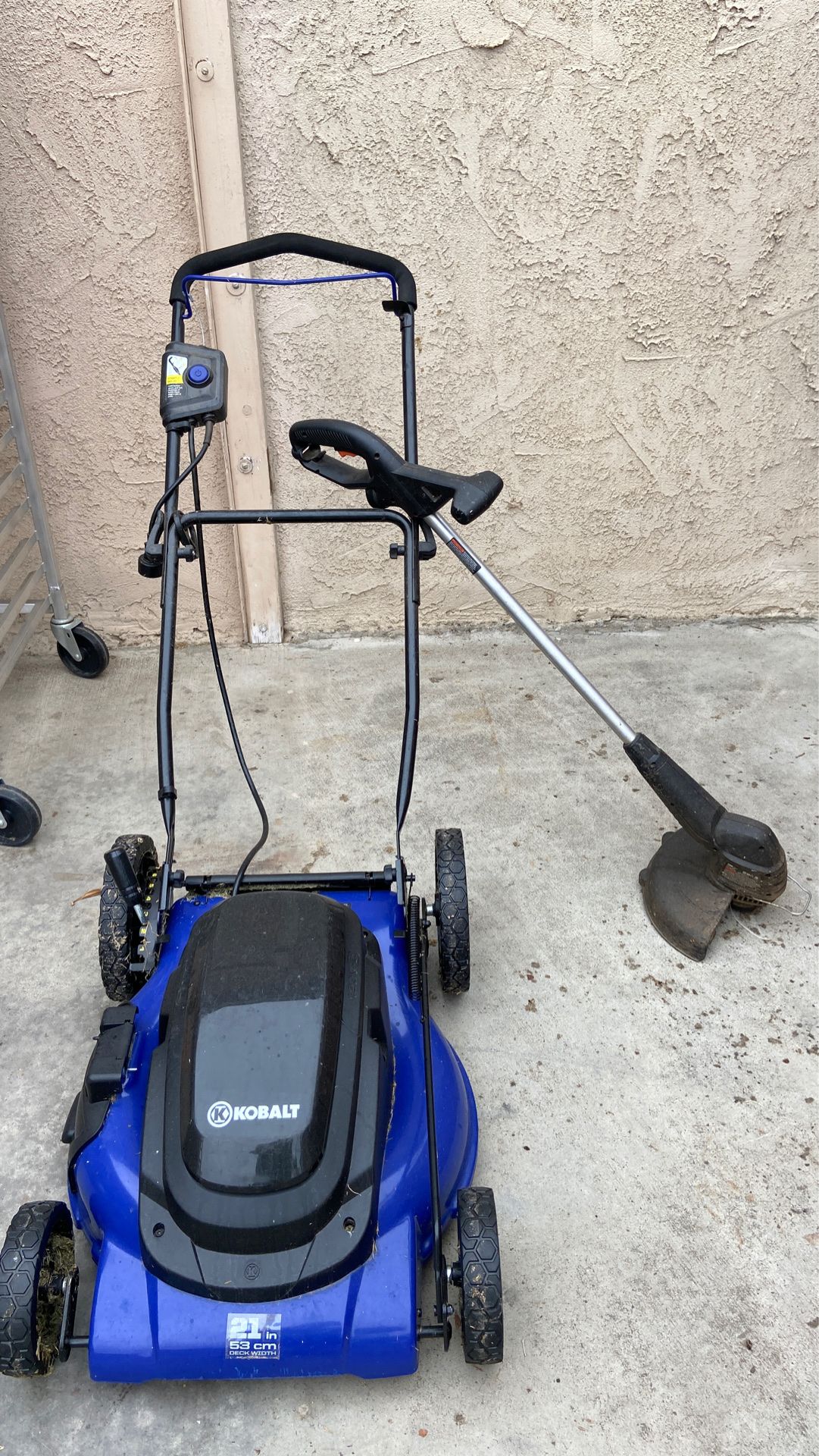 21” Kobalt electric mower and black and decker electric weed wacker