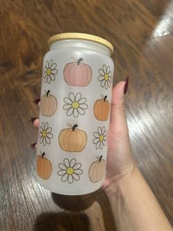 Custom 16oz Fall Pastel Pumpkins & Daisies Frosted Glass Tumbler