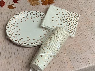 New - White & Rose Gold Paper Plates - 50 paper plates Rose Gold Dot 7Inch Dessert Plates Paper Plates, 50 napkins  & 1 pack of 25 cups White & Rose G