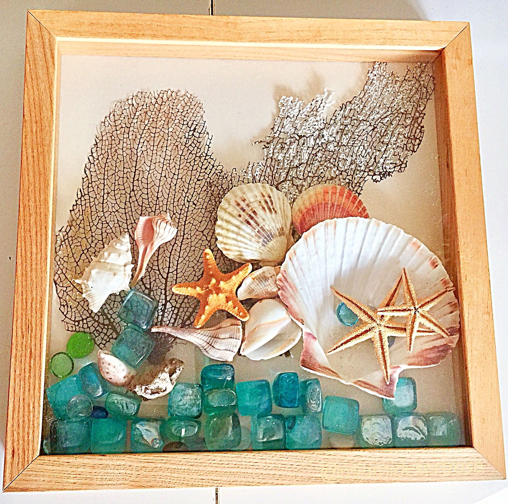 Collectible Scrap Shadow Box DIY Floating Beach Sea Fans Shells Starfish Blue Green Glass Ocean Cottage Coastal Decor Art