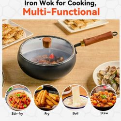 WANGYUANJI 9.5-Inch Wok Pan with Lid– Handmade Round Cooking Wok,Deep Frying Pan