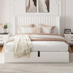 White Velvet Wingback Full Size Bed Frame With Lift Top Storage