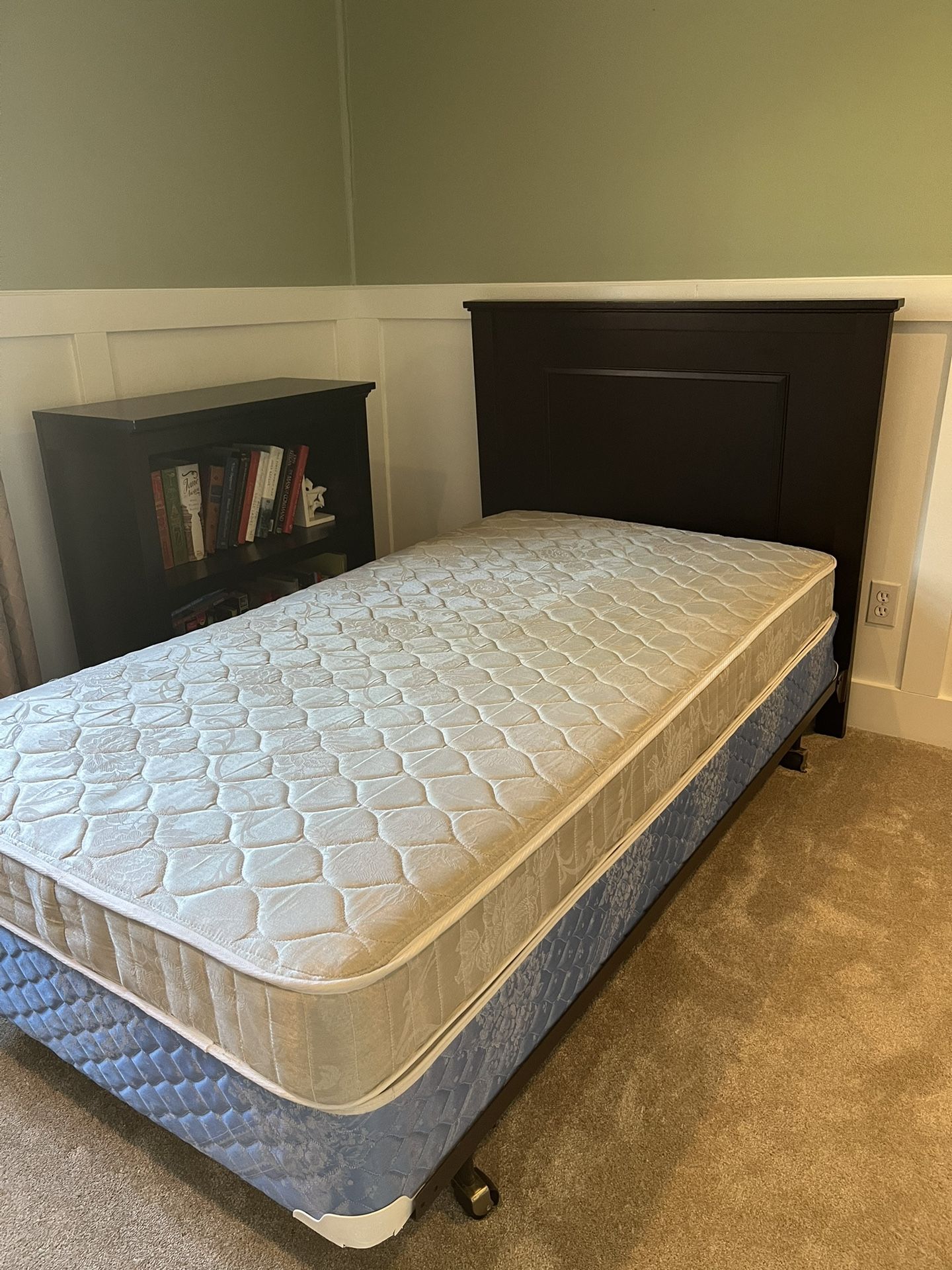 Twin bed with Pottery Barn headboard, boxspring, and mattress