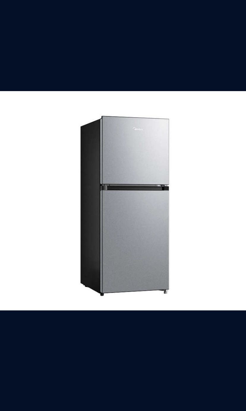 Midea Mid Size Refrigerator Chrome Silver Fridge Separate Top Freezer