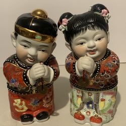 Chinese Boy & Girl Porcelain Figurine Set Traditional Asian Art Decor 9"