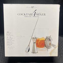 NEW - Cocktail Mixer Set 4 Pc Stainless Steel and Mixing Glass 
