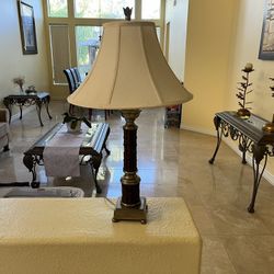 Set of two similar 7 in x 7 in x 23 in wood table lamps