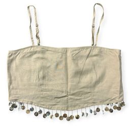 Jason Wu Crop Top Womens Beige Linen Mother of Pearl Shell Beaded Trim Size 6