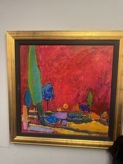 Painting by Israel Ziv,  Landscape, Oil on Canvas  Bazaar Bungalow Measuring an impressive 42.75x42.75" this bold and unique modern landscape oil pain