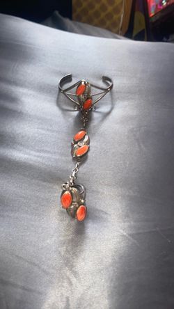 Silver Cuff Bracelet Ring Set with Coral Stones
