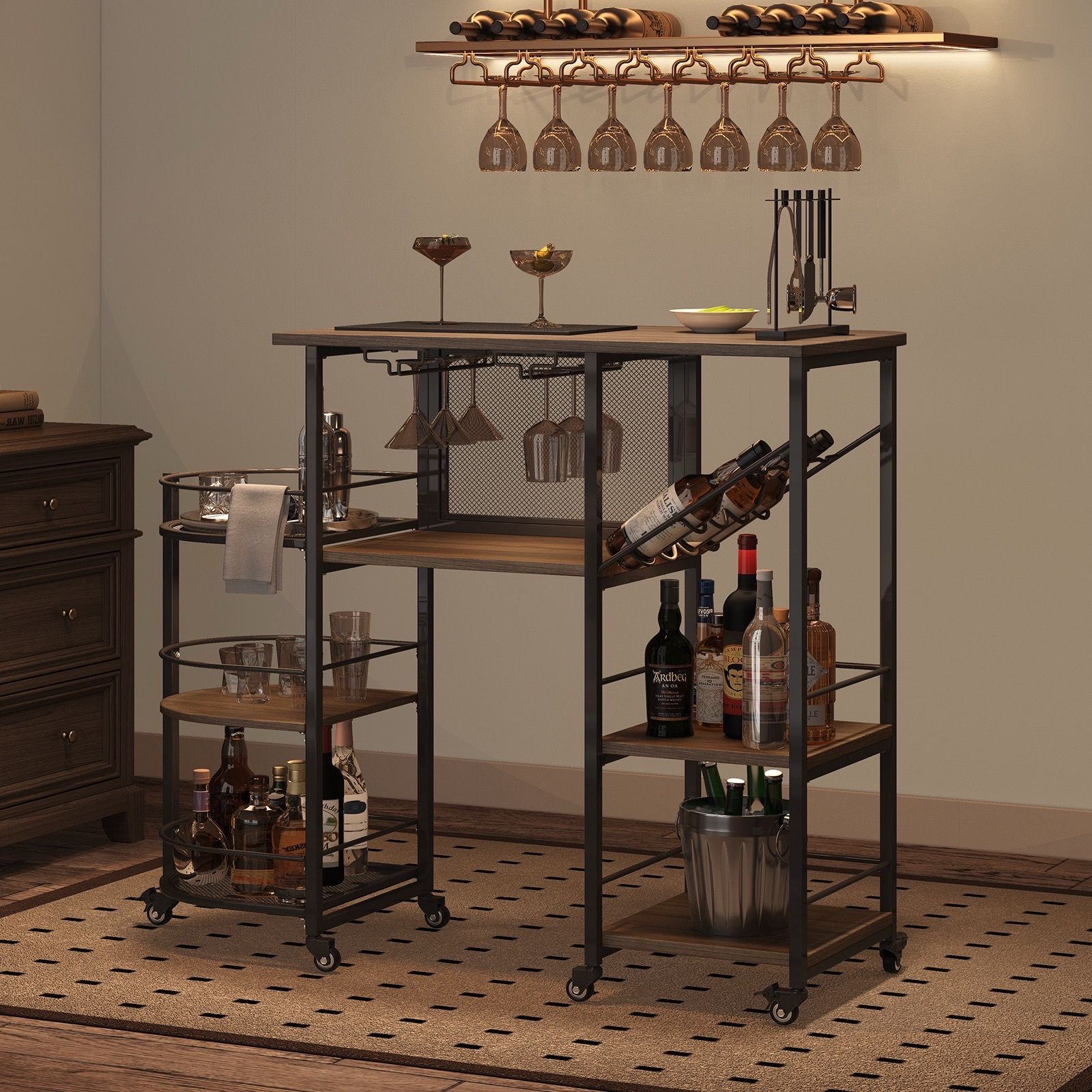 Bar Cart with Wine Rack and Glass Holder Kitchen Cart Rolling Wheels