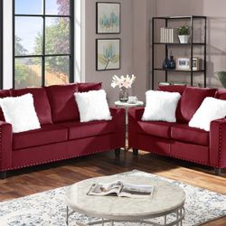 Cinderella Velvet Sofa and Loveseat Red
