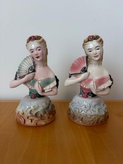 Pair of Vintage Goldscheider Lady Bust Figurines with Hand Fans, Pink & Green, 6"