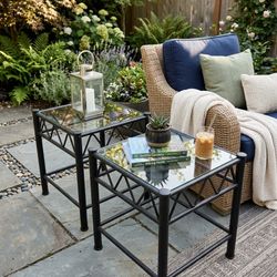 Solid Black Indoor/Outdoor Patio End Side Table Metal Glass Black - $35 for pair
