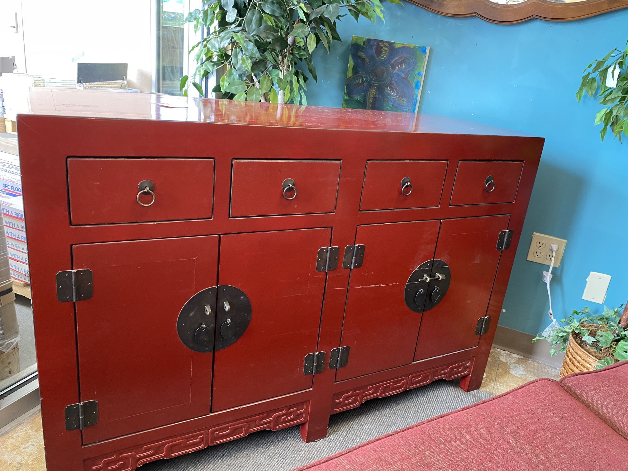 Vintage Red Chinese Credenza 