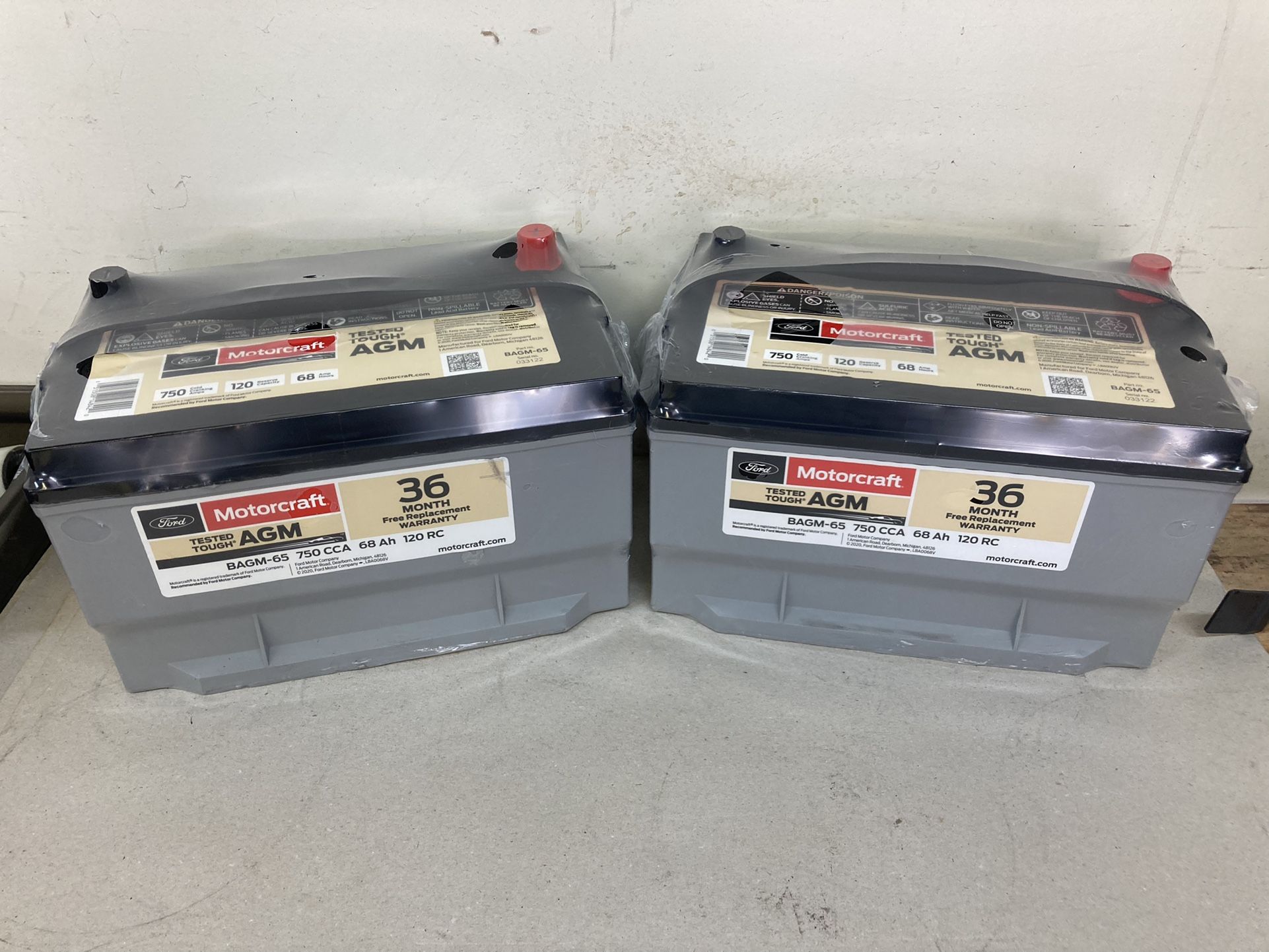 Car batteries Ford Motorcraft Size 65original gel AGM heavy duty maximum power and performance price for two batteries with core exchange