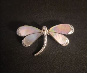Vintage Monet Dragonfly Brooch Silver tone with mother of pearl style wings