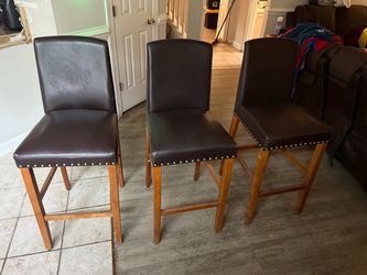 Set of 3 Brown Leather Bar Stools