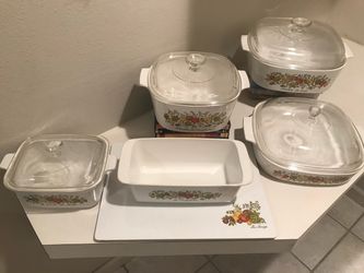 Vintage Corningware 4 Covered Casseroles, Loaf Pan, Counter Board