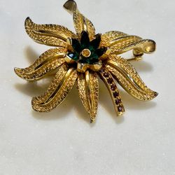 Vintage Bellini Flower Green Rhinestone Brooch/Pin