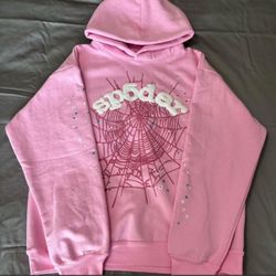 Sp5der Pink Hoodie with Web Graphic