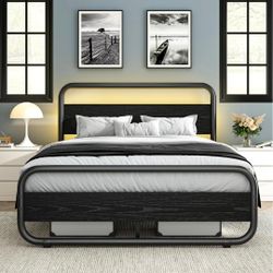 Queen Bed Frame with LED Lights, Heavy Duty Metal Rustic Platform Bed Frame Queen Size, with Headboard, Under Bed Storage, Noise Free, No Box Spring N