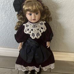 Beautiful Porcelain Doll On Wood Stand - New