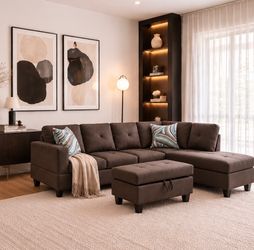 Brown Sectional Sofa with Ottoman