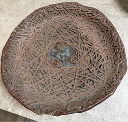 Signed Studio Art Pottery Footed Bowl / Platter – Handmade Abstract Fish Design