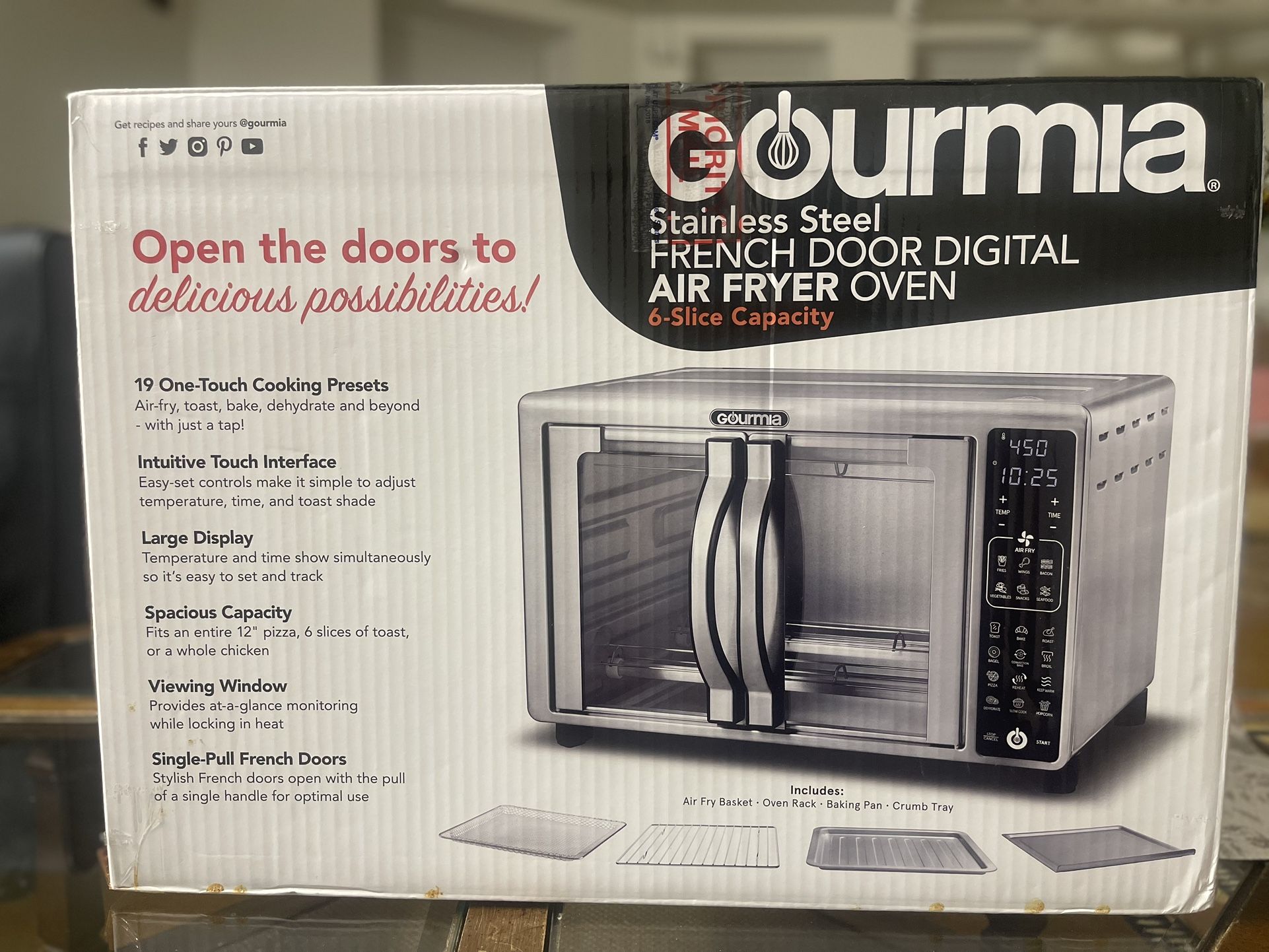 Gourmia Digital Air Fryer Toaster Oven with Single-Pull French Doors, 6 Slice, Stainless Steel