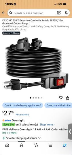 25 FT Extension Cord with Switch, 1875W/15A Grounded Outlets Plugs