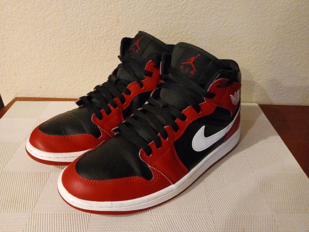 Air Jordan 1 Mid Black, Red And White, Mens Size 8